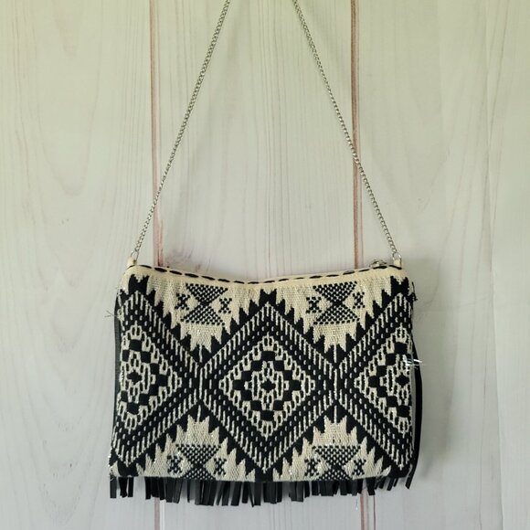 Chico’s Leather Fringe Shoulder Bag, Black/White Boho Purse Silver Chain. ECU - Picture 2 of 8